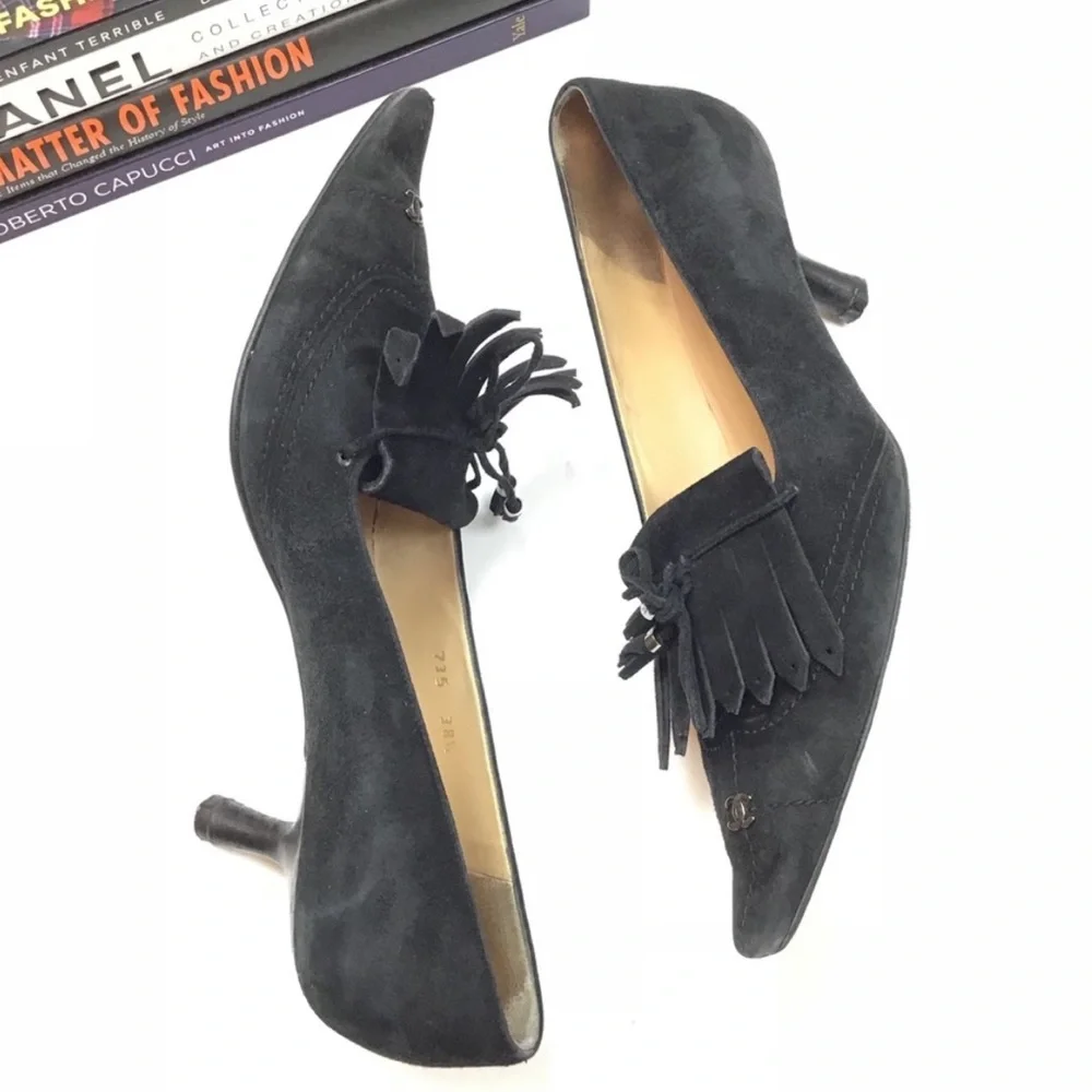Chanel Heels Pointed Toe Logo Tassel Fringe